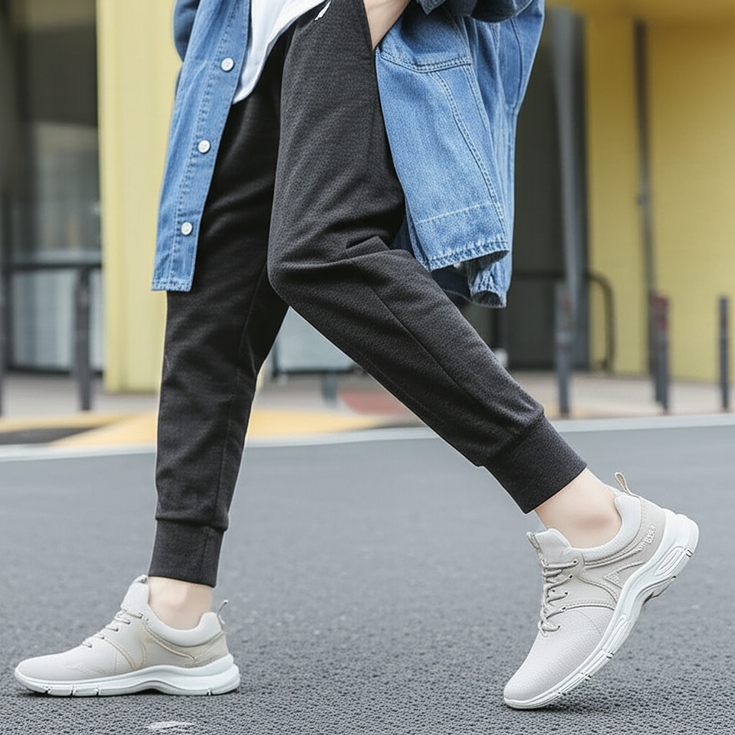 Flat feet support sneakers paired with athleisure joggers and a relaxed denim jacket