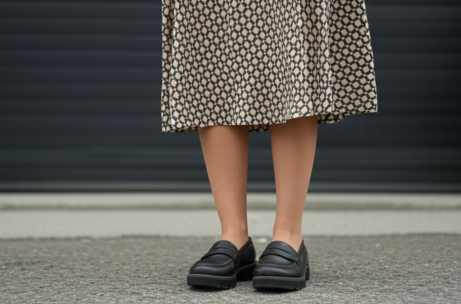 Everyday city look styled with supportive orthopedic loafers and midi skirt