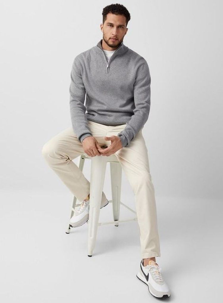 A quarter-zip sweater and khaki pants can be worn in any season 