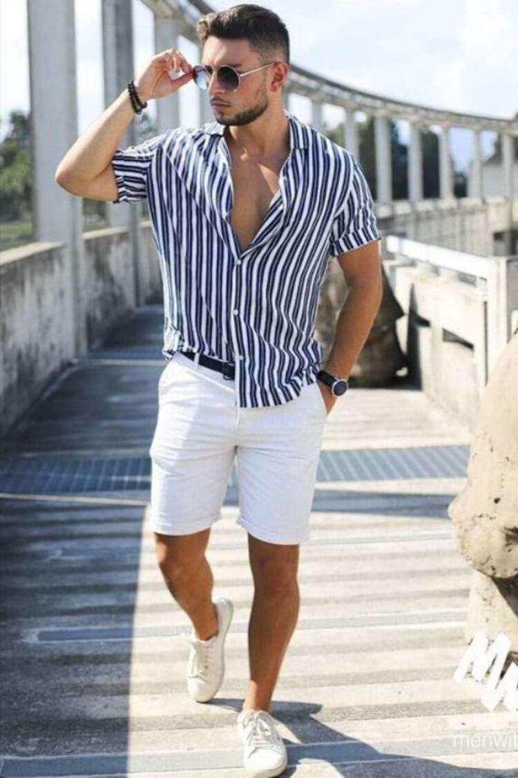 Striped shirts and chino short is suitable for summer 