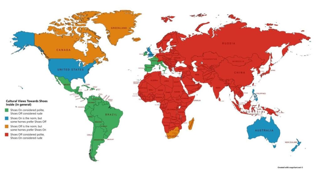 Map of countries that wear shoes indoors
