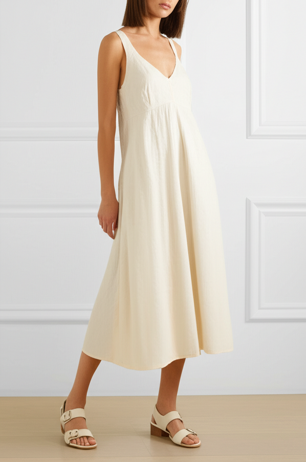 Trendy mesh-panel supportive sandals styled with a breezy midi dress for summer