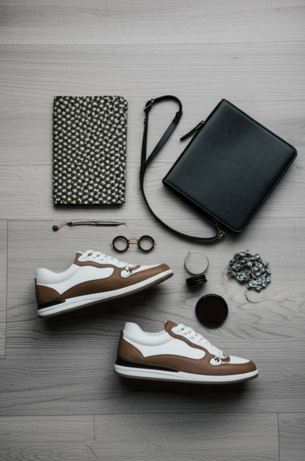 Casual outfit showcasing comfortable luxury sneakers with chic accessories