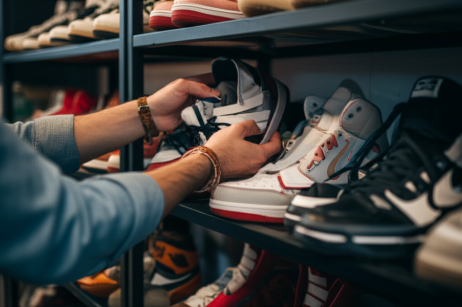 Stylish sneaker collector arranging rare sneakers carefully