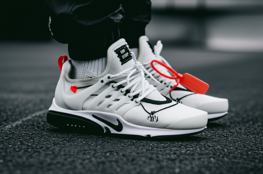 Close-up view of Off-White x Nike Air Presto sneakers styled with techwear