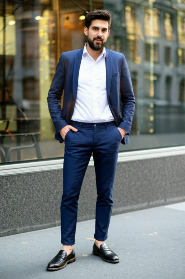 Stylish wide toe box loafers paired with business casual