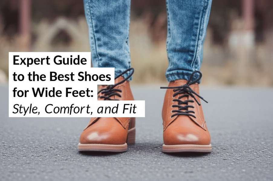 feature image for the blog with the blog title included. Title: Expert Guide to the Best Shoes for Wide Feet: Style, Comfort, and Fit. Ensure the text is accurate and error-free