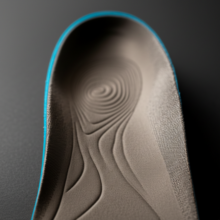 Close-up of a custom orthotic insole highlighting precise contours and design
