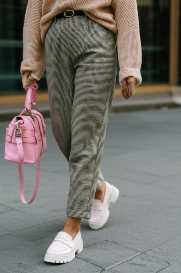 Modern orthopedic loafers in pastel, styled with plaid trousers and a relaxed knit top