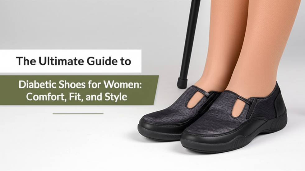 feature image for the blog with the blog title included. Title: The Ultimate Guide to Diabetic Shoes for Women: Comfort, Fit, and Style. Ensure the text is accurate and error-free
