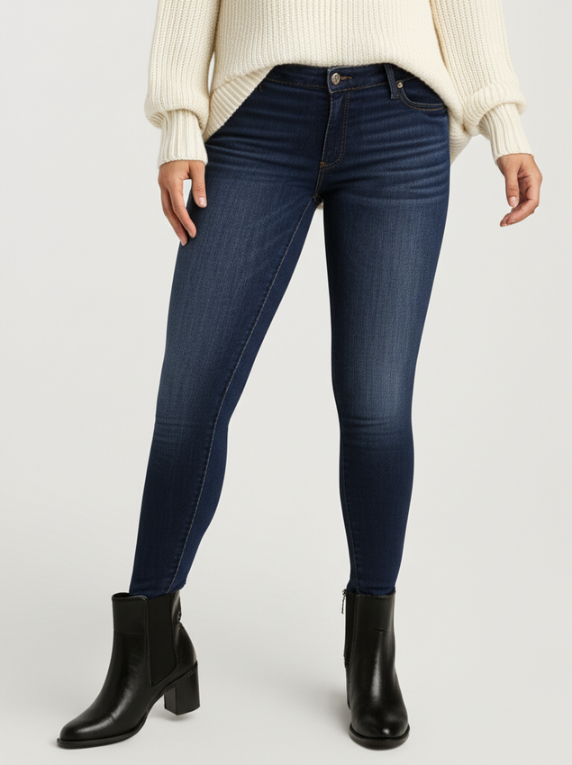 Woman pairing dressy block-heeled supportive boots with skinny jeans and a cozy sweater