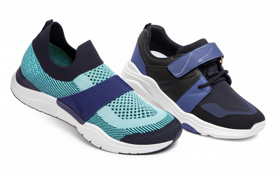 Selection of trendy supportive shoes: summer sandals, knit sneakers, and a heeled boot with arch insole