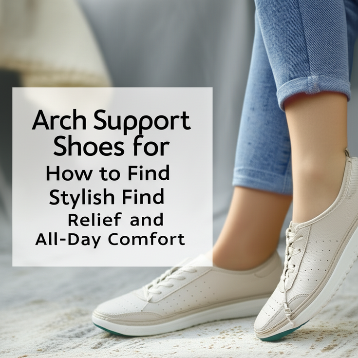 feature image for the blog with the blog title included. Title: Arch Support Shoes for Heel Pain: How to Find Stylish Relief and All-Day Comfort. Ensure the text is accurate and error-free