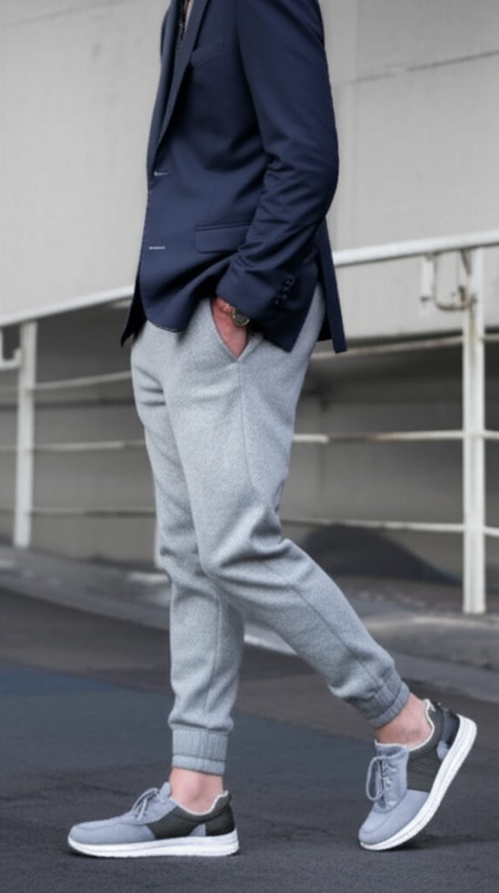 Pair of sleek arch support sneakers styled with joggers and a blazer for smart-casual flair