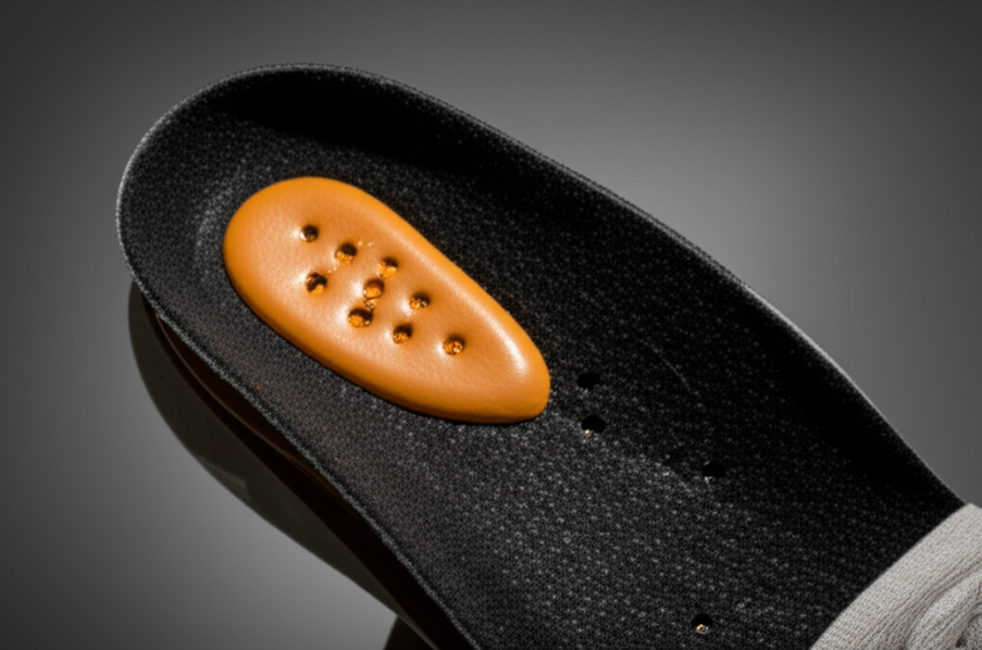 Close-up of orthotic insole with pronounced arch and heel cushioning in a trendy shoe
