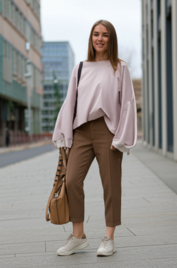 Neutral-colored orthopedic sneakers styled with cropped trousers and a relaxed blouse