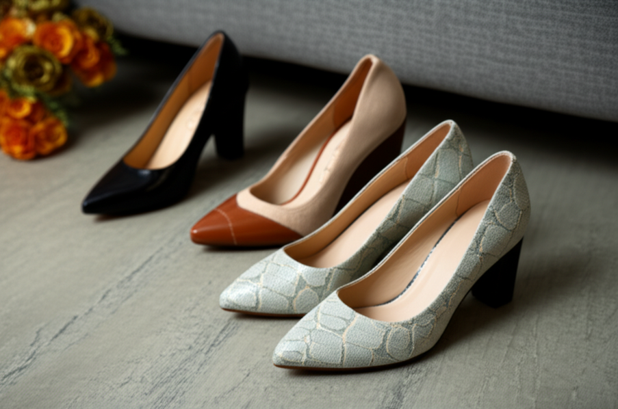 Selection of block-heel pumps and wedge heels with wide, soft toe boxes for dressy occasions