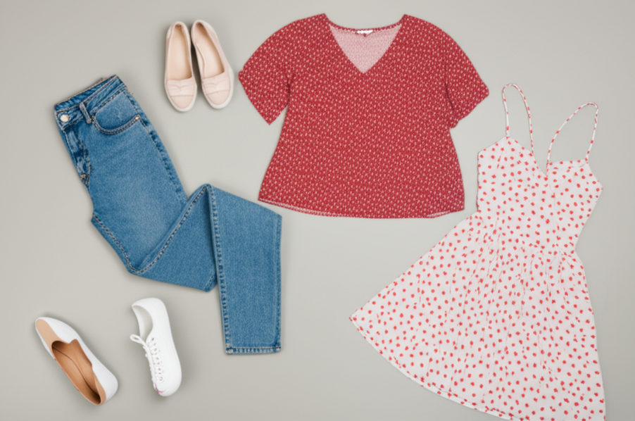Flat lay of three outfits featuring bunion-friendly loafers, sneakers, and sandals matched with trendy clothing