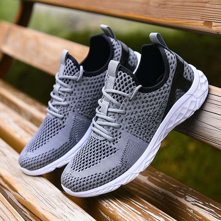 Pair of stylish athletic sneakers with wide toe box and mesh material displayed on a bench
