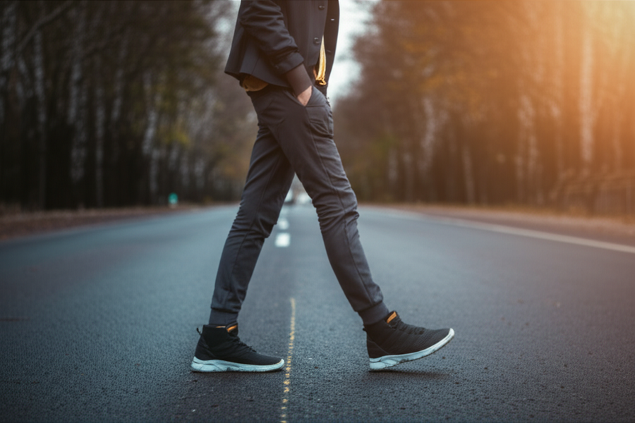 Modern, supportive walking shoes styled with athleisure pants and a relaxed jacket