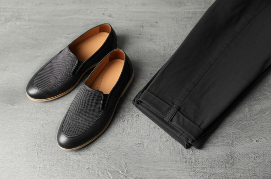 Selection of stylish slip-ons and loafers paired with cropped trousers