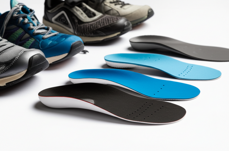 Custom orthotic inserts displayed with a variety of supportive footwear for arthritis