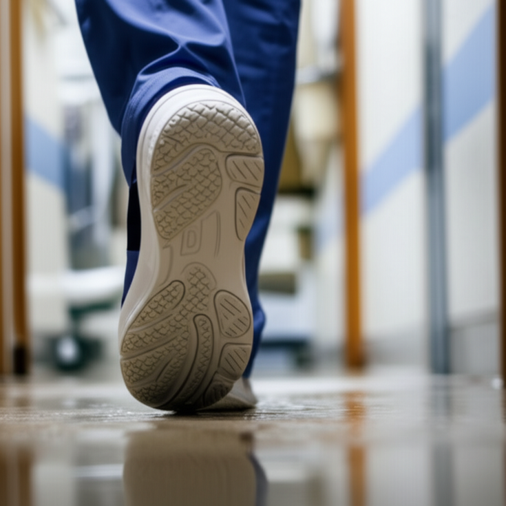 Close-up of slip-resistant soles on stylish nursing shoes over a wet hospital floor