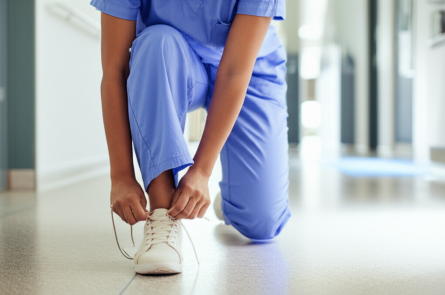 Modern nurse tying supportive shoes with scrubs in a bright hospital setting