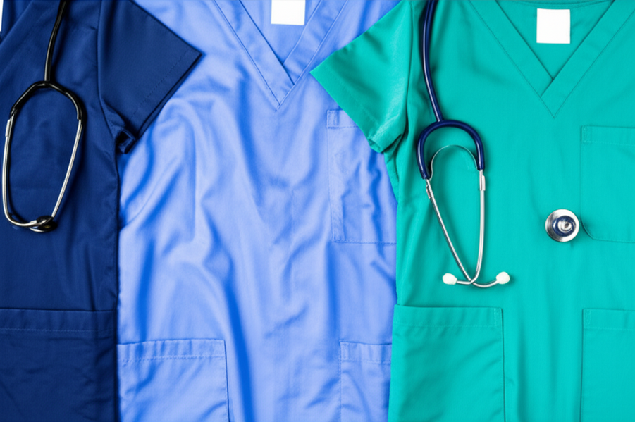 Array of vibrant slip-on nursing shoes organized with different colored scrubs
