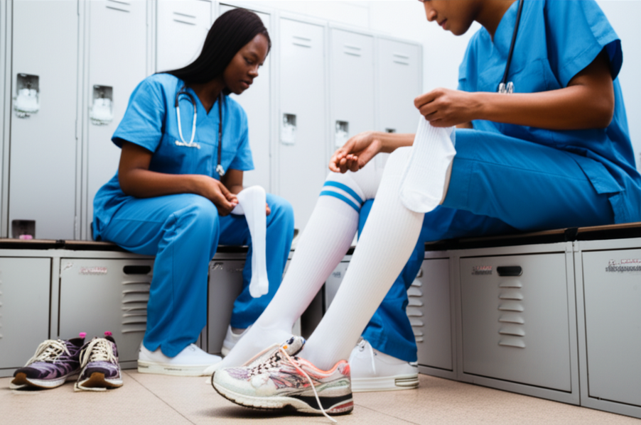 Two nurses comparing compression socks and trendy nursing sneakers in a locker room