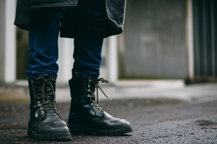 Street style image of steel toe boots styled with denim and a leather jacket