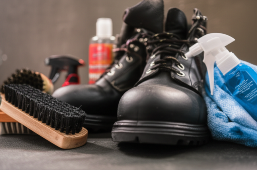 Close-up of steel toe boot care products such as cleaners and brushes