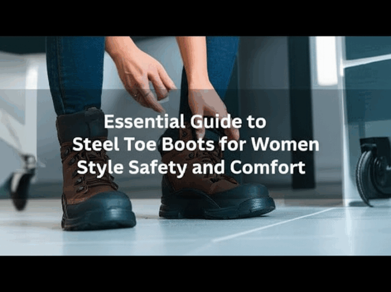 feature image for the blog with the blog title included. Title: Essential Guide to Steel Toe Boots for Women: Style, Safety, and Comfort. Ensure the text is accurate and error-free