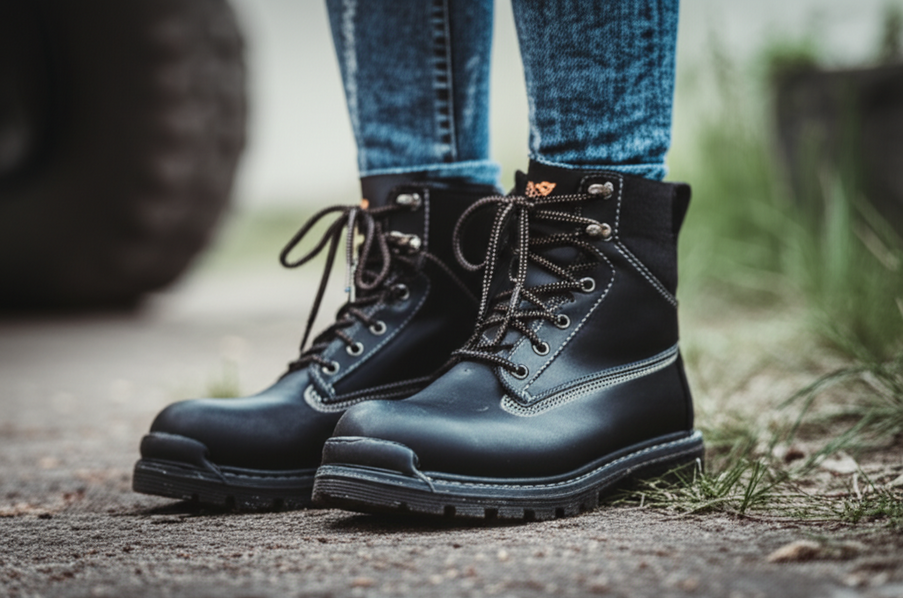 Close-up of durable steel toe boots designed for women’s feet
