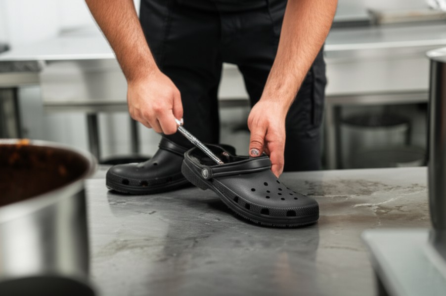 Professional kitchen worker wearing black slip-on clogs