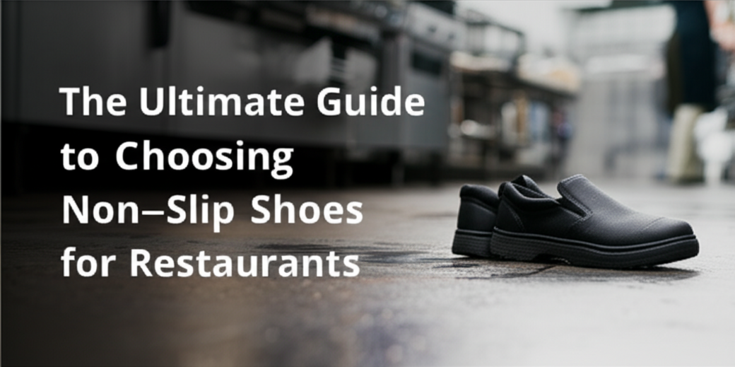 feature image for the blog with the blog title included. Title: The Ultimate Guide to Choosing Non-Slip Shoes for Restaurants. Ensure the text is accurate and error-free