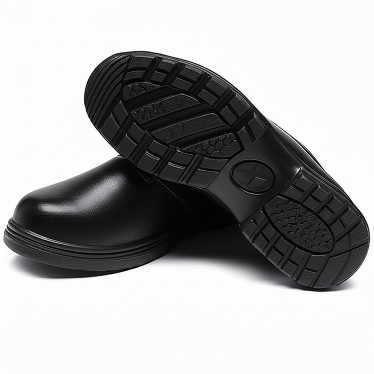 Black slip-resistant shoes designed for busy kitchen environments