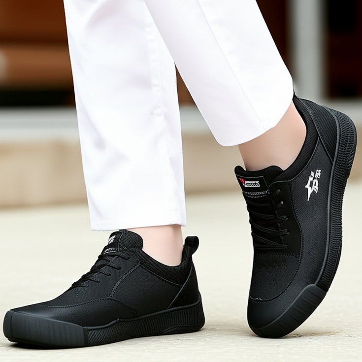 Stylish black non-slip sneakers paired with chef’s uniform