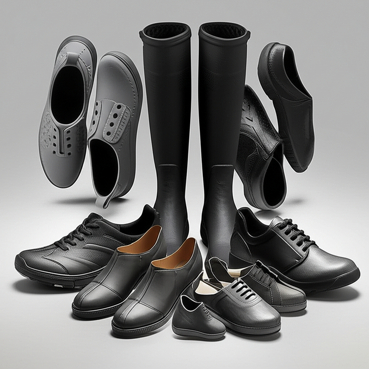 Various chef shoes including clogs, slip-ons, boots, and sneakers for kitchen work