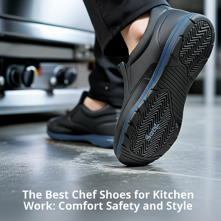 feature image for the blog with the blog title included. Title: The Best Chef Shoes for Kitchen Work: Comfort, Safety, and Style. Ensure the text is accurate and error-free