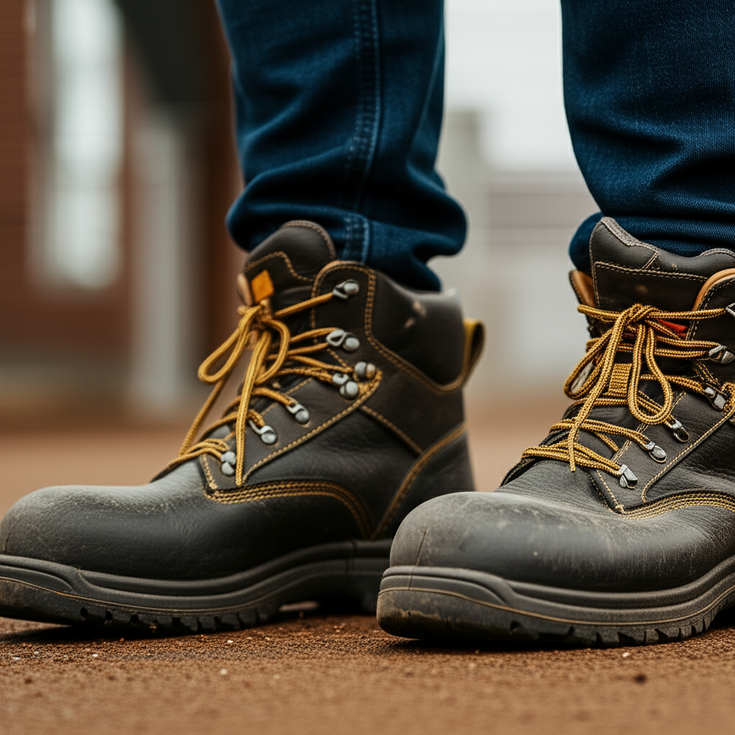feature image for the blog with the blog title included. Title: The Ultimate Guide to Safety Shoes for Construction Workers. Ensure the text is accurate and error-free