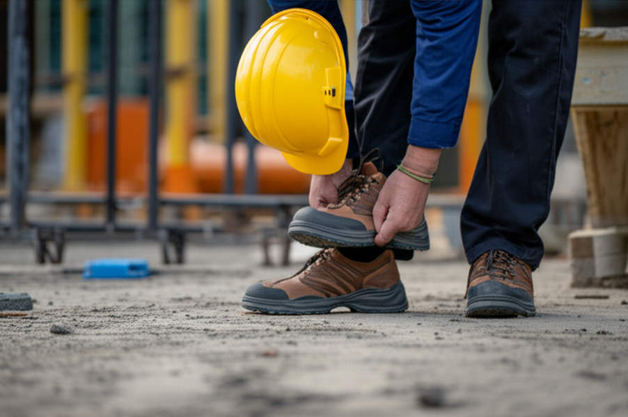 Construction worker choosing appropriate worksite safety shoes