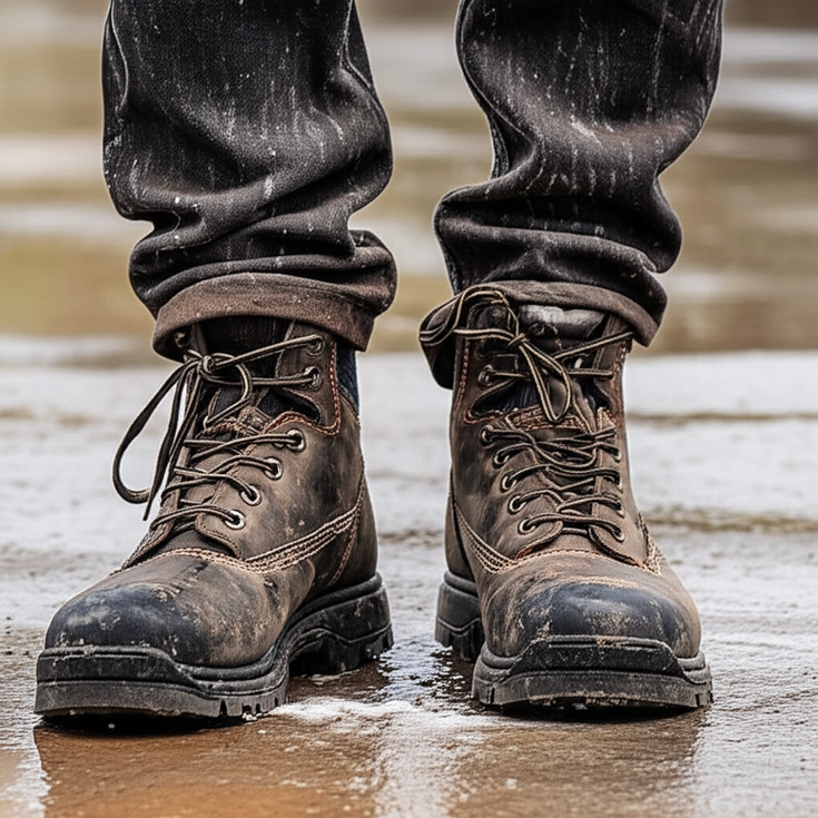 Steel toe construction work boots with traction for wet surfaces