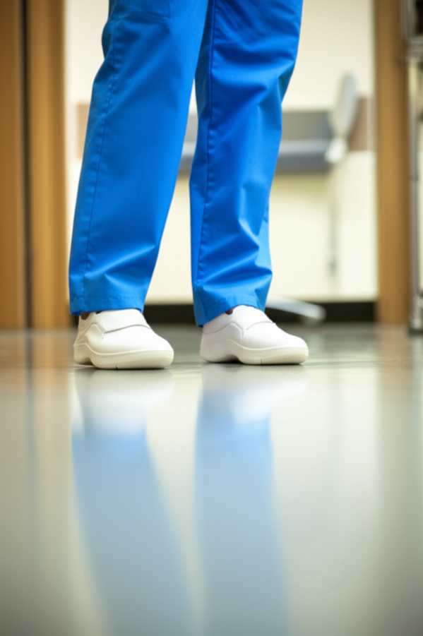 Healthcare worker wearing ergonomic nursing shoes on hospital floor