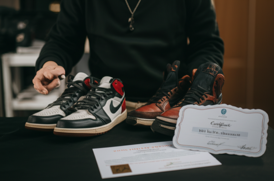 Collector carefully examining rare limited edition sneaker with authentication certificate