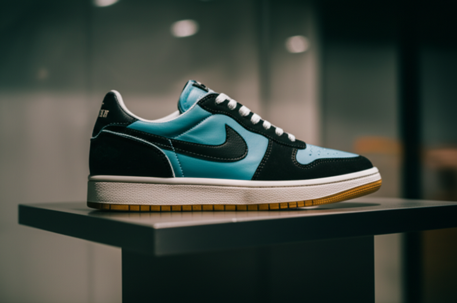 Close-up of limited edition luxury sneakers showcased on a sleek display stand