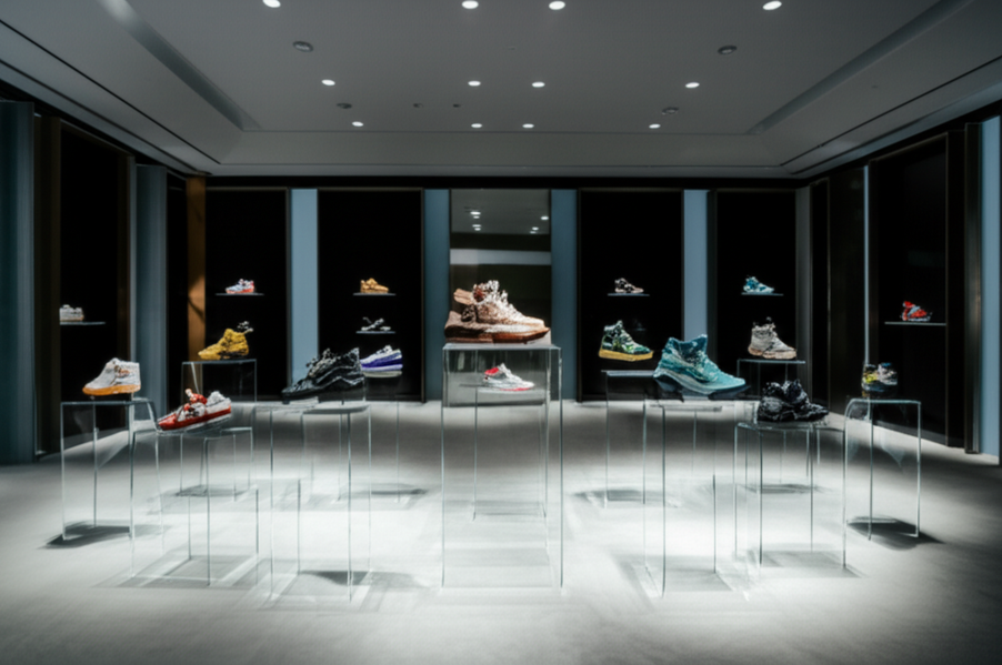 Displaying various rare Michael Jordan sneakers in a luxury showroom