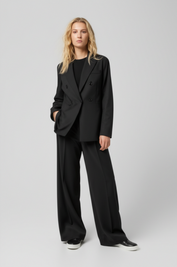 Work-appropriate loafer sneaker hybrids paired with wide-leg pants and a smart blazer
