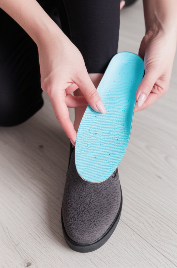 Woman inserting custom orthotic insoles into stylish shoes