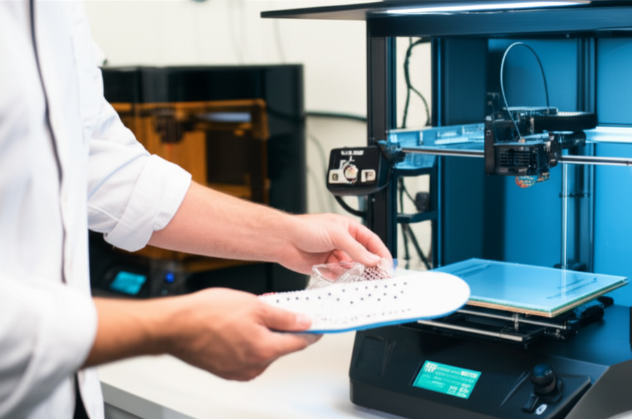 Technician preparing custom orthopedic insoles with 3D printing technology